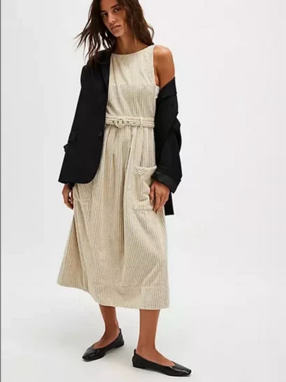 Free People The Other Side Corduroy Striped Adjustable Fit and Flare Midi Dress